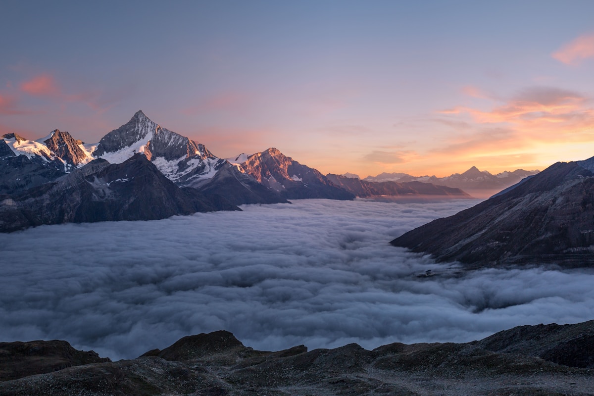 Himalaya mountains at sunset above the clouds in Nepal